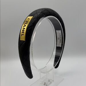 Upcycled CHANEL Black Quilted Leather Headband with Gold Logo Plaque